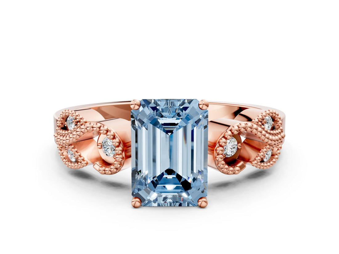 Rose gold Fancy Blue Emerald Cut Solitaire Milgrain Leaf Band with Prong Setting