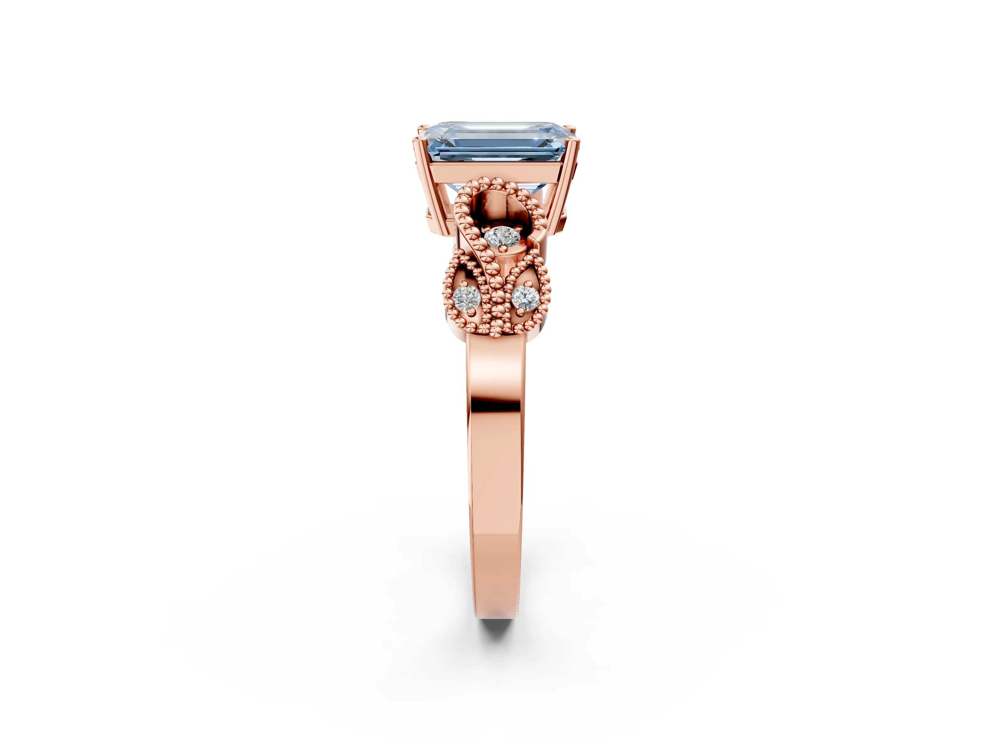 Rose gold Fancy Blue Emerald Cut Solitaire Milgrain Leaf Band with Prong Setting_2