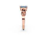 Rose gold Fancy Blue Emerald Cut Solitaire Milgrain Leaf Band with Prong Setting_2