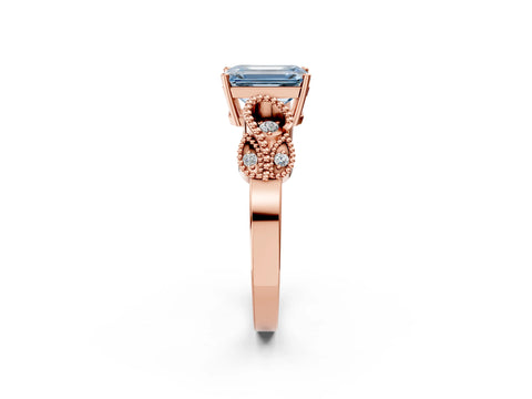 Rose gold Fancy Blue Emerald Cut Solitaire Milgrain Leaf Band with Prong Setting_2