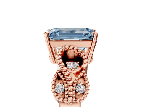 Rose gold Fancy Blue Emerald Cut Solitaire Milgrain Leaf Band with Prong Setting_5