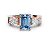 Rose gold Fancy Blue Emerald Cut Solitaire Princess Side Stone Engraved Band Prong Setting Ring