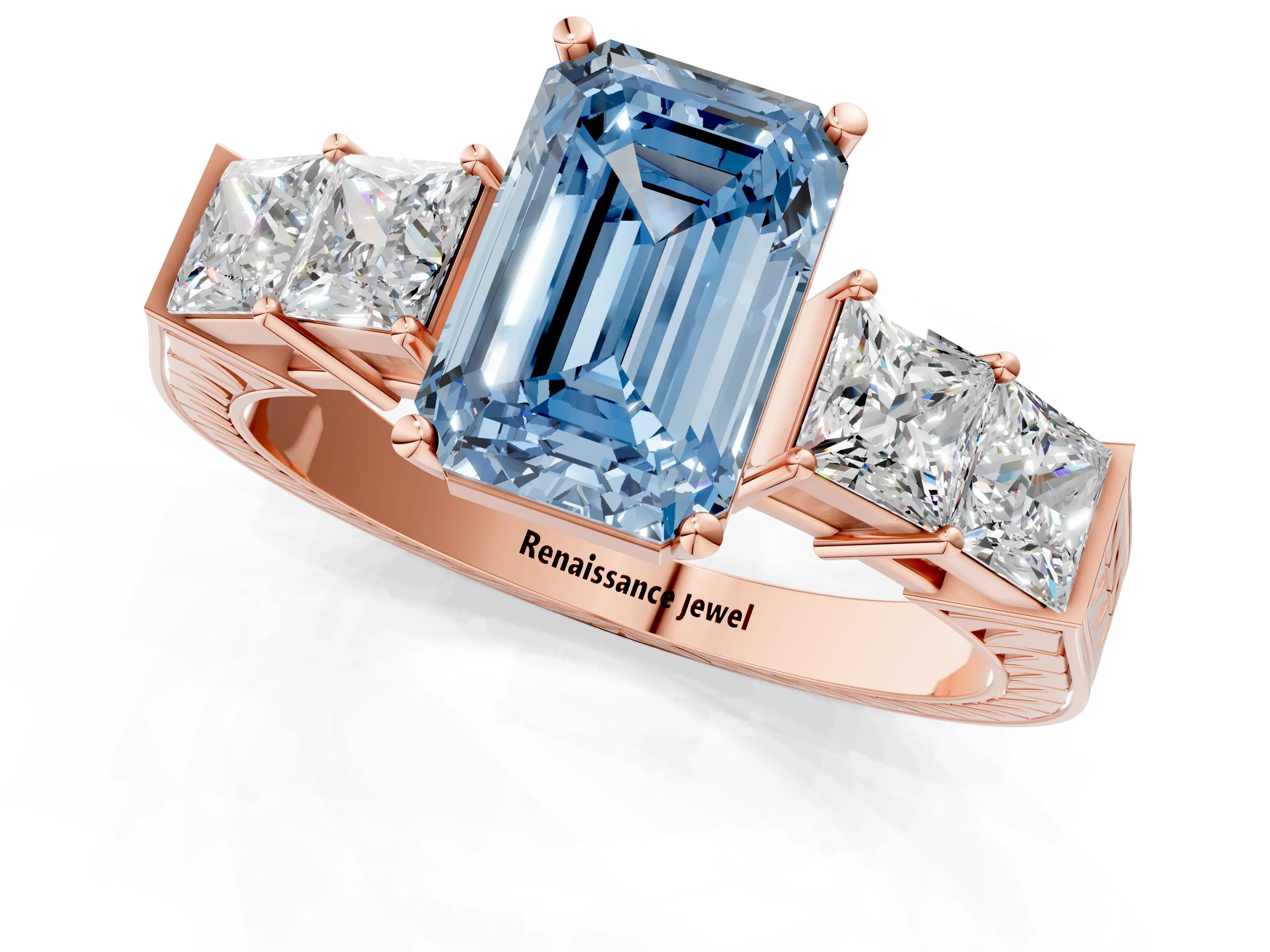Rose gold Fancy Blue Emerald Cut Solitaire Princess Side Stone Engraved Band Prong Setting Ring_1