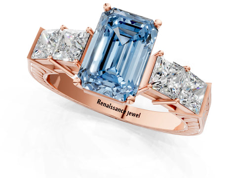 Rose gold Fancy Blue Emerald Cut Solitaire Princess Side Stone Engraved Band Prong Setting Ring_1