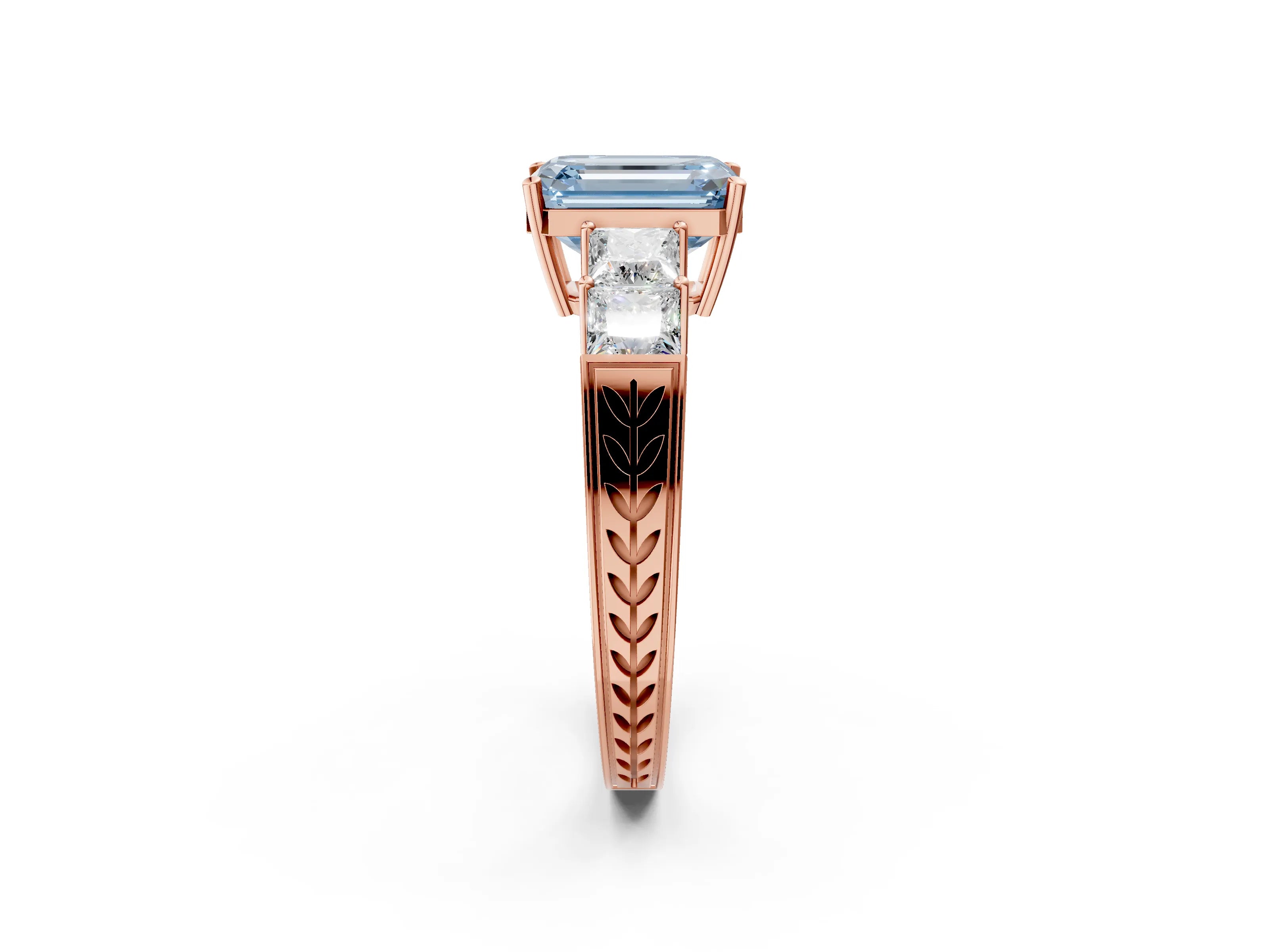 Rose gold Fancy Blue Emerald Cut Solitaire Princess Side Stone Engraved Band Prong Setting Ring_2