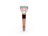Rose gold Fancy Blue Emerald Cut Solitaire Princess Side Stone Engraved Band Prong Setting Ring_2