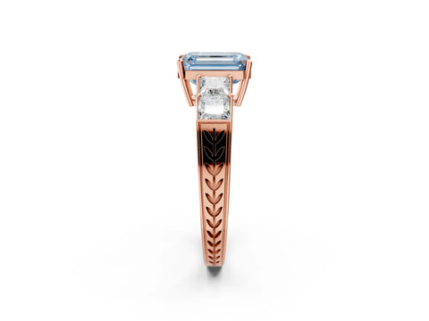 Rose gold Fancy Blue Emerald Cut Solitaire Princess Side Stone Engraved Band Prong Setting Ring_2