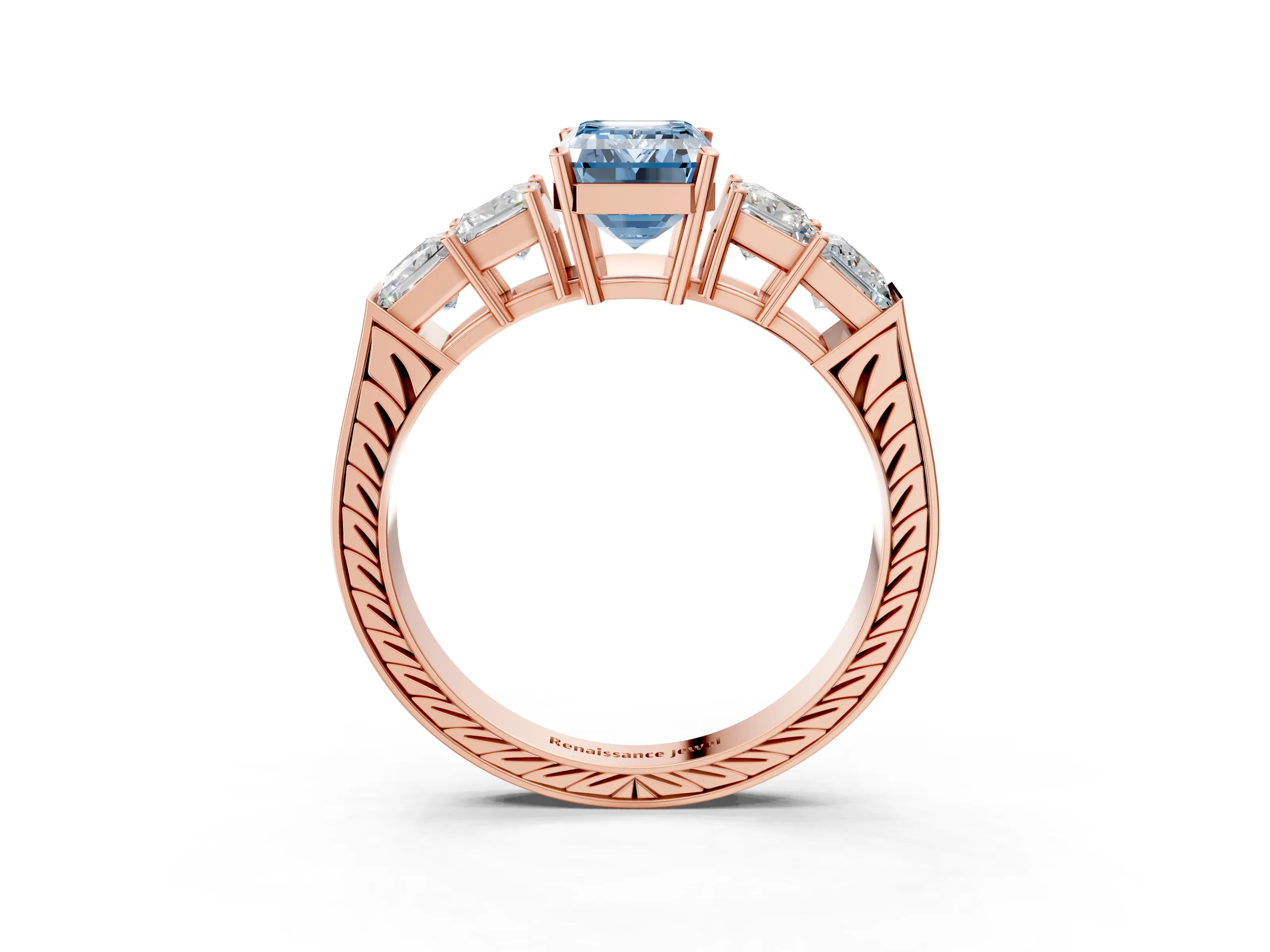 Rose gold Fancy Blue Emerald Cut Solitaire Princess Side Stone Engraved Band Prong Setting Ring_3