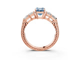 Rose gold Fancy Blue Emerald Cut Solitaire Princess Side Stone Engraved Band Prong Setting Ring_3