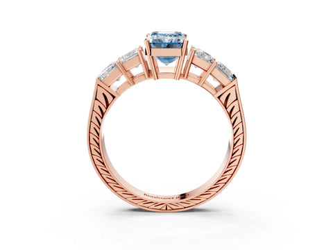 Rose gold Fancy Blue Emerald Cut Solitaire Princess Side Stone Engraved Band Prong Setting Ring_3