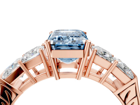 Rose gold Fancy Blue Emerald Cut Solitaire Princess Side Stone Engraved Band Prong Setting Ring_4