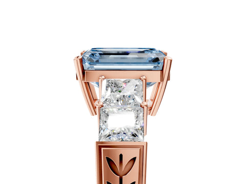 Rose gold Fancy Blue Emerald Cut Solitaire Princess Side Stone Engraved Band Prong Setting Ring_5