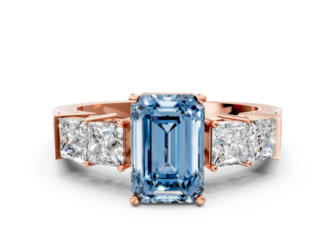 Rose gold Fancy Blue Emerald Cut Solitaire Princess Side Stone Engraved Band Prong Setting Ring