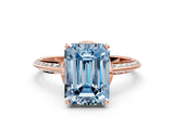 Rose gold Fancy Blue Emerald Cut Solitaire Split Shank Pave Diamond Engagement Ring with Four-Prong Setting