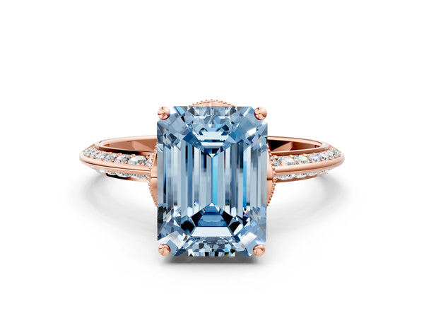 Rose gold Fancy Blue Emerald Cut Solitaire Split Shank Pave Diamond Engagement Ring with Four-Prong Setting