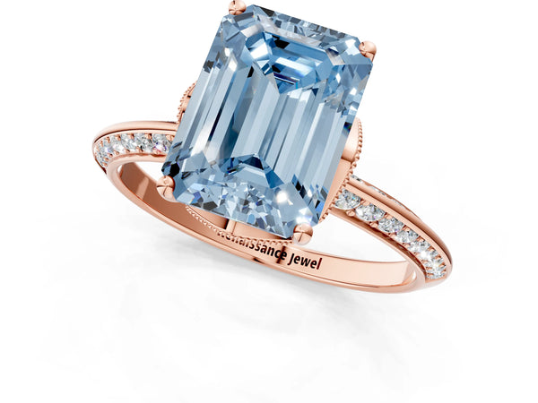 Rose gold Fancy Blue Emerald Cut Solitaire Split Shank Pave Diamond Engagement Ring with Four-Prong Setting