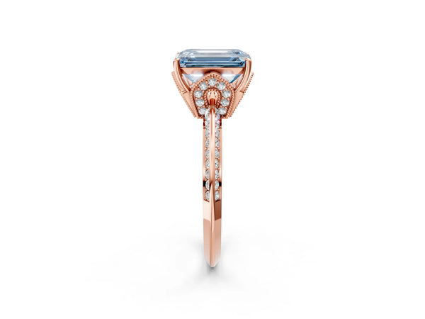 Rose gold Fancy Blue Emerald Cut Solitaire Split Shank Pave Diamond Engagement Ring with Four-Prong Setting