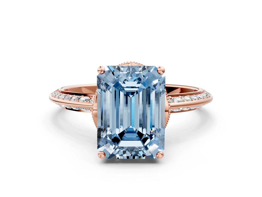 Rose gold Fancy Blue Emerald Cut Solitaire Split Shank Pave Diamond Engagement Ring with Four-Prong Setting_24