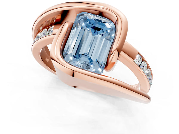 Rose gold Fancy Blue Emerald Cut Solitaire Tension-Set Diamond Split Shank Ring