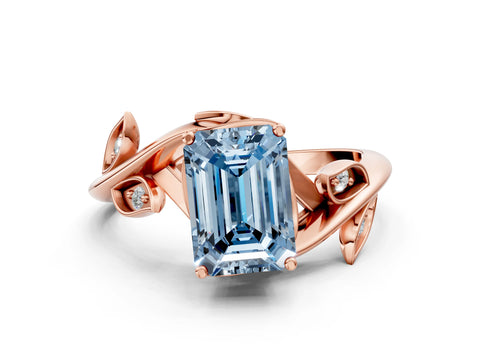 Rose gold Fancy Blue Emerald Cut Solitaire Twist Engagement Ring with Leaf Accents and Prong Setting_18