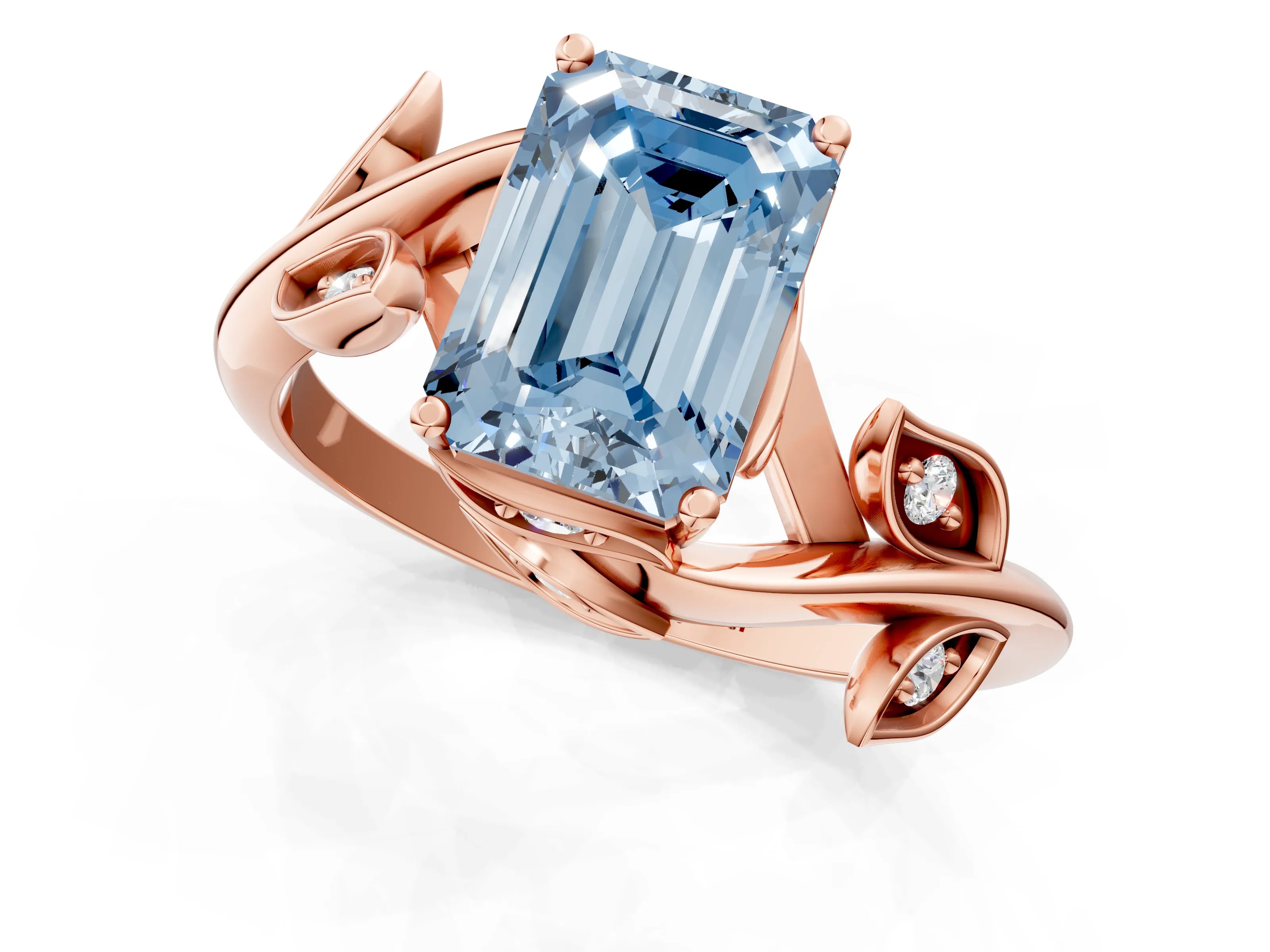 Rose gold Fancy Blue Emerald Cut Solitaire Twist Engagement Ring with Leaf Accents and Prong Setting_19