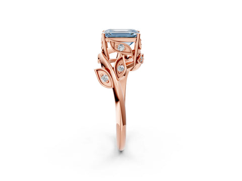 Rose gold Fancy Blue Emerald Cut Solitaire Twist Engagement Ring with Leaf Accents and Prong Setting_20