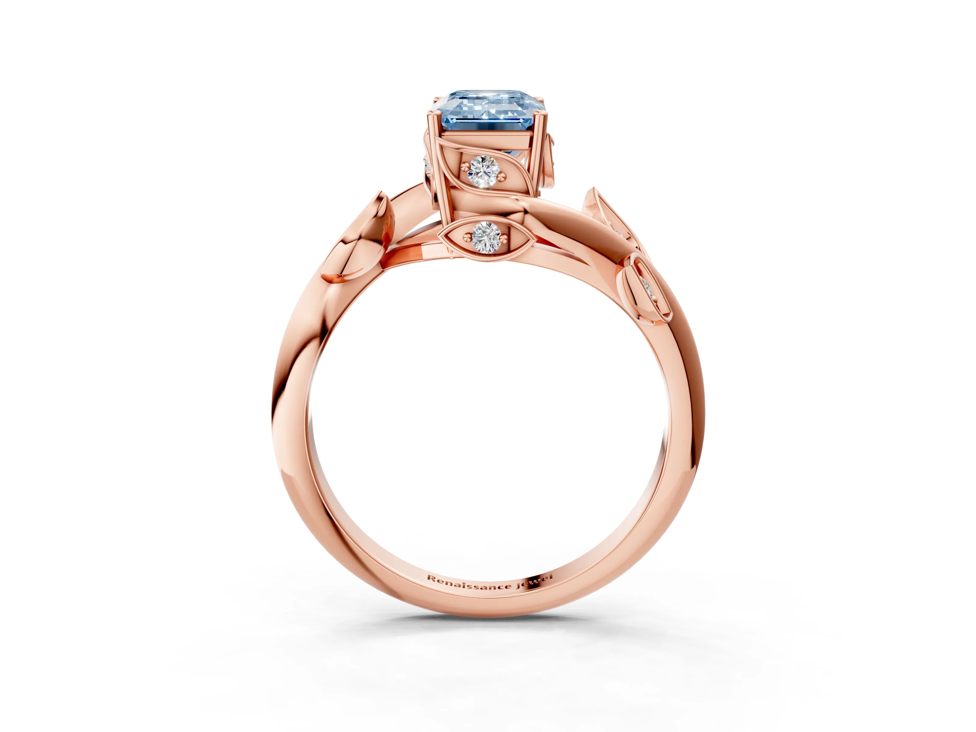 Rose gold Fancy Blue Emerald Cut Solitaire Twist Engagement Ring with Leaf Accents and Prong Setting_21
