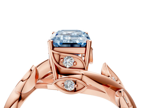 Rose gold Fancy Blue Emerald Cut Solitaire Twist Engagement Ring with Leaf Accents and Prong Setting_22