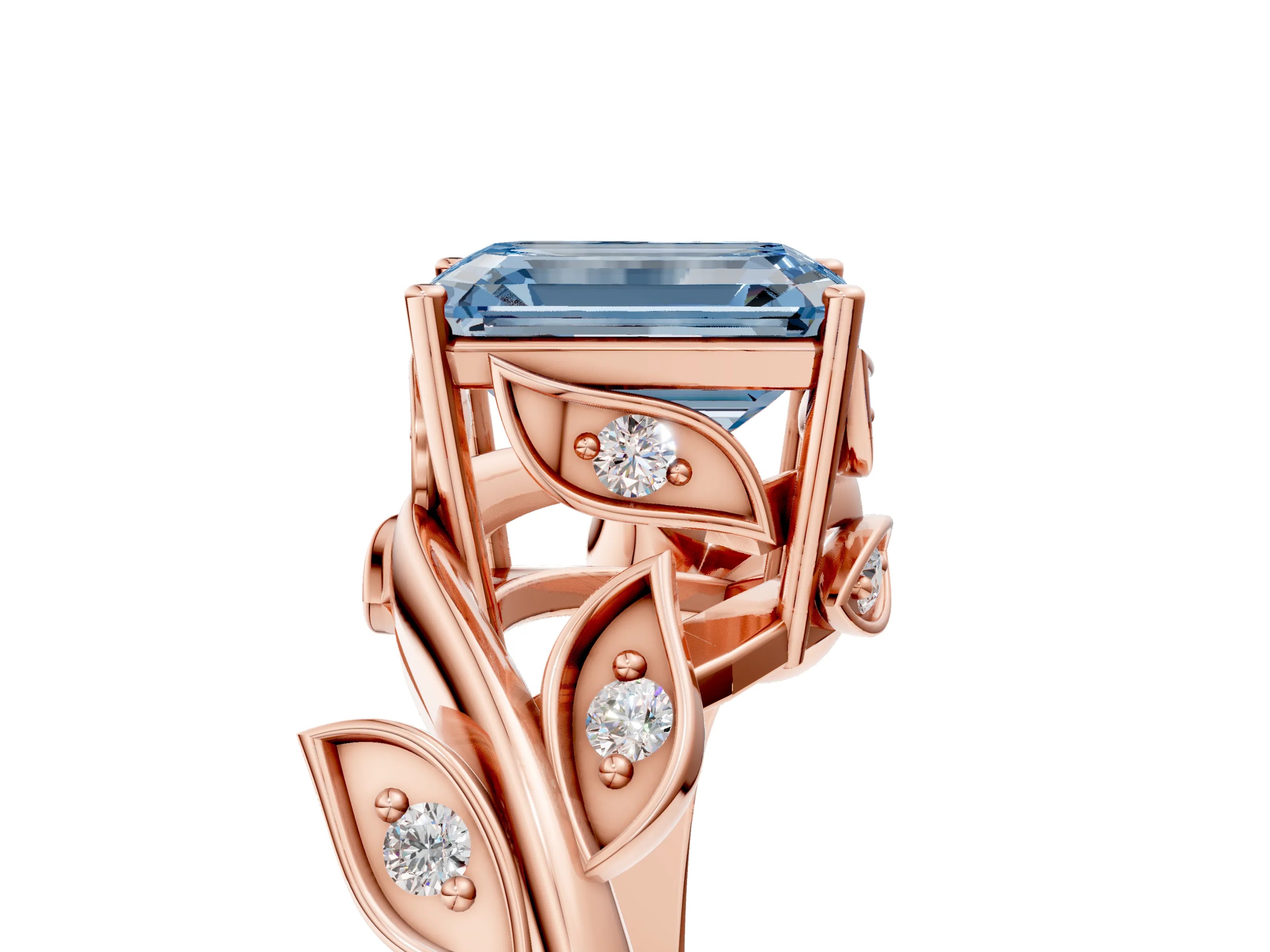 Rose gold Fancy Blue Emerald Cut Solitaire Twist Engagement Ring with Leaf Accents and Prong Setting_23
