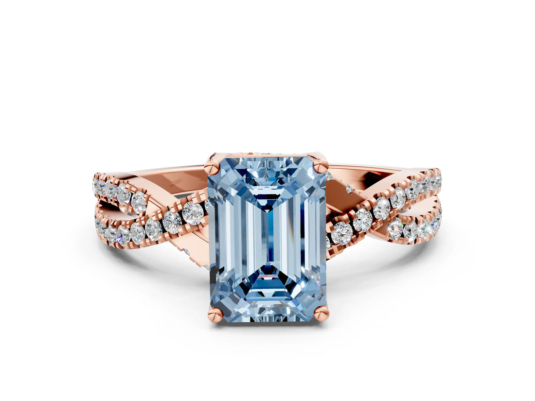 Rose gold Fancy Blue Emerald Cut Solitaire Twist Pave Diamond Engagement Ring with Prong Setting