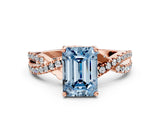 Rose gold Fancy Blue Emerald Cut Solitaire Twist Pave Diamond Engagement Ring with Prong Setting