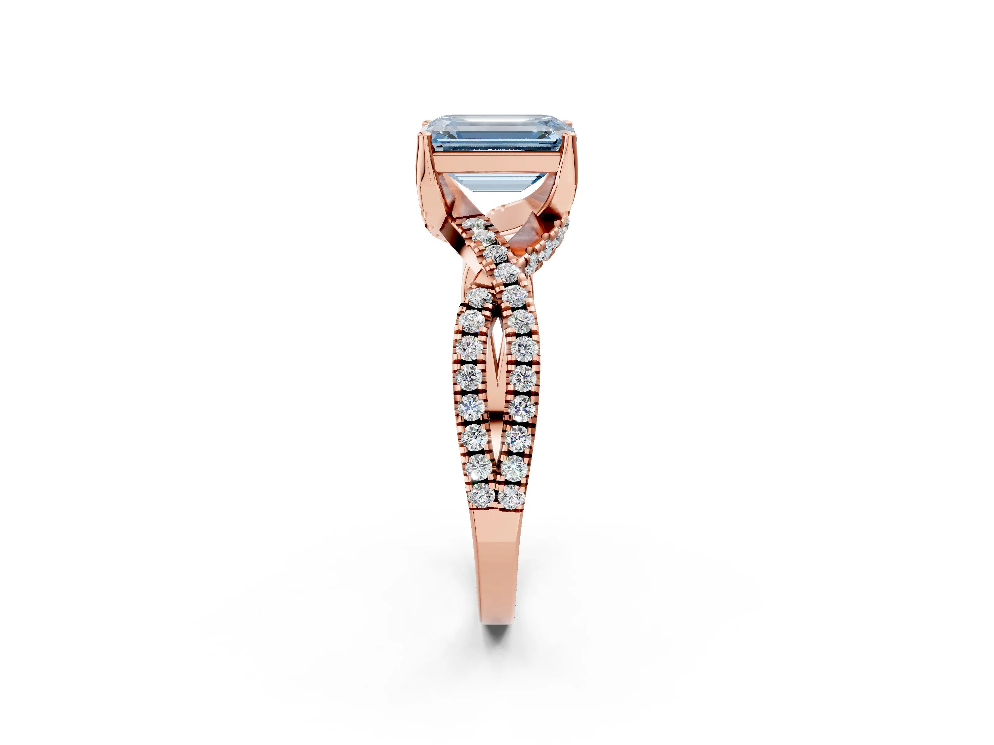 Rose gold Fancy Blue Emerald Cut Solitaire Twist Pave Diamond Engagement Ring with Prong Setting_2