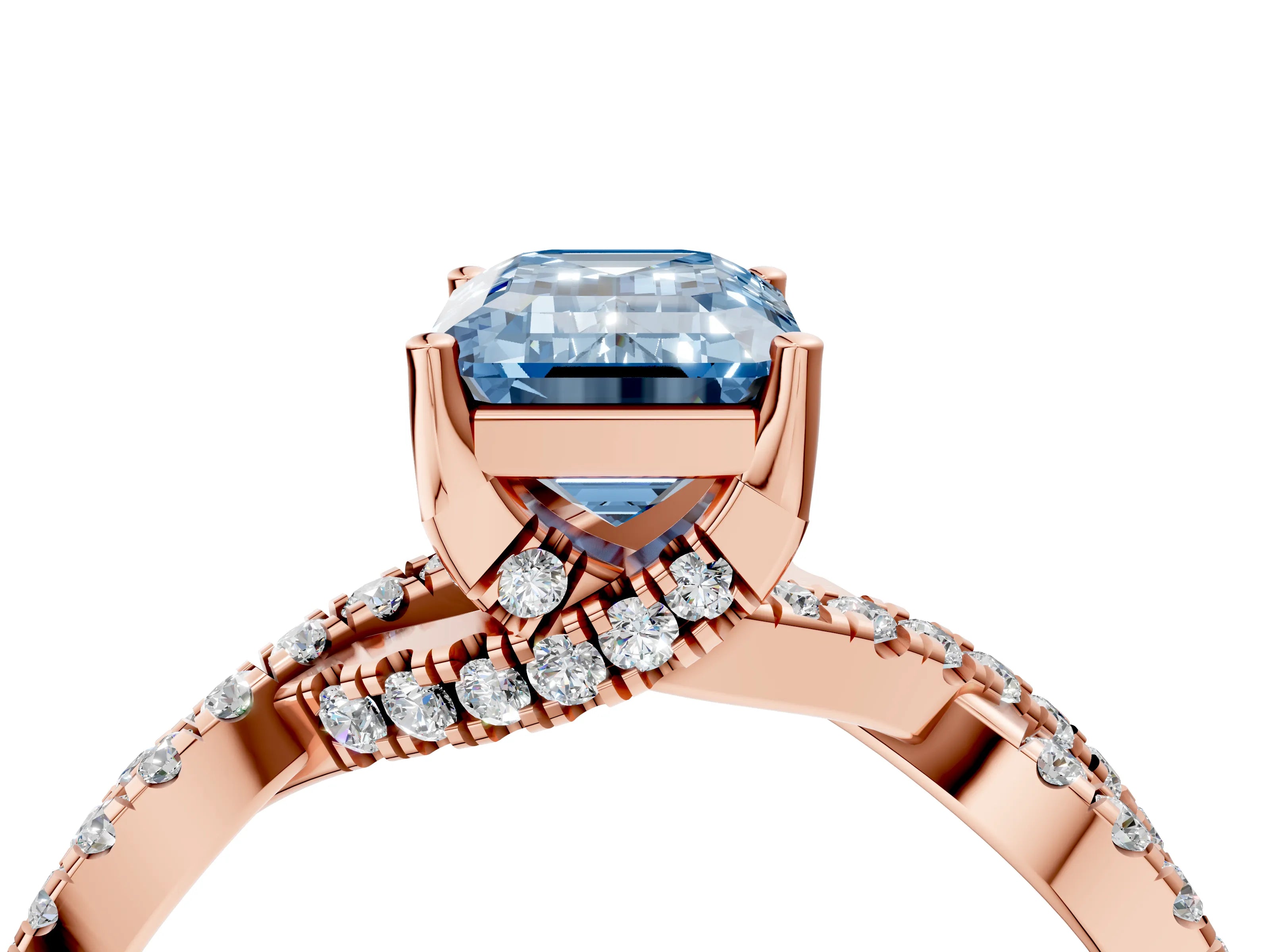 Rose gold Fancy Blue Emerald Cut Solitaire Twist Pave Diamond Engagement Ring with Prong Setting_28