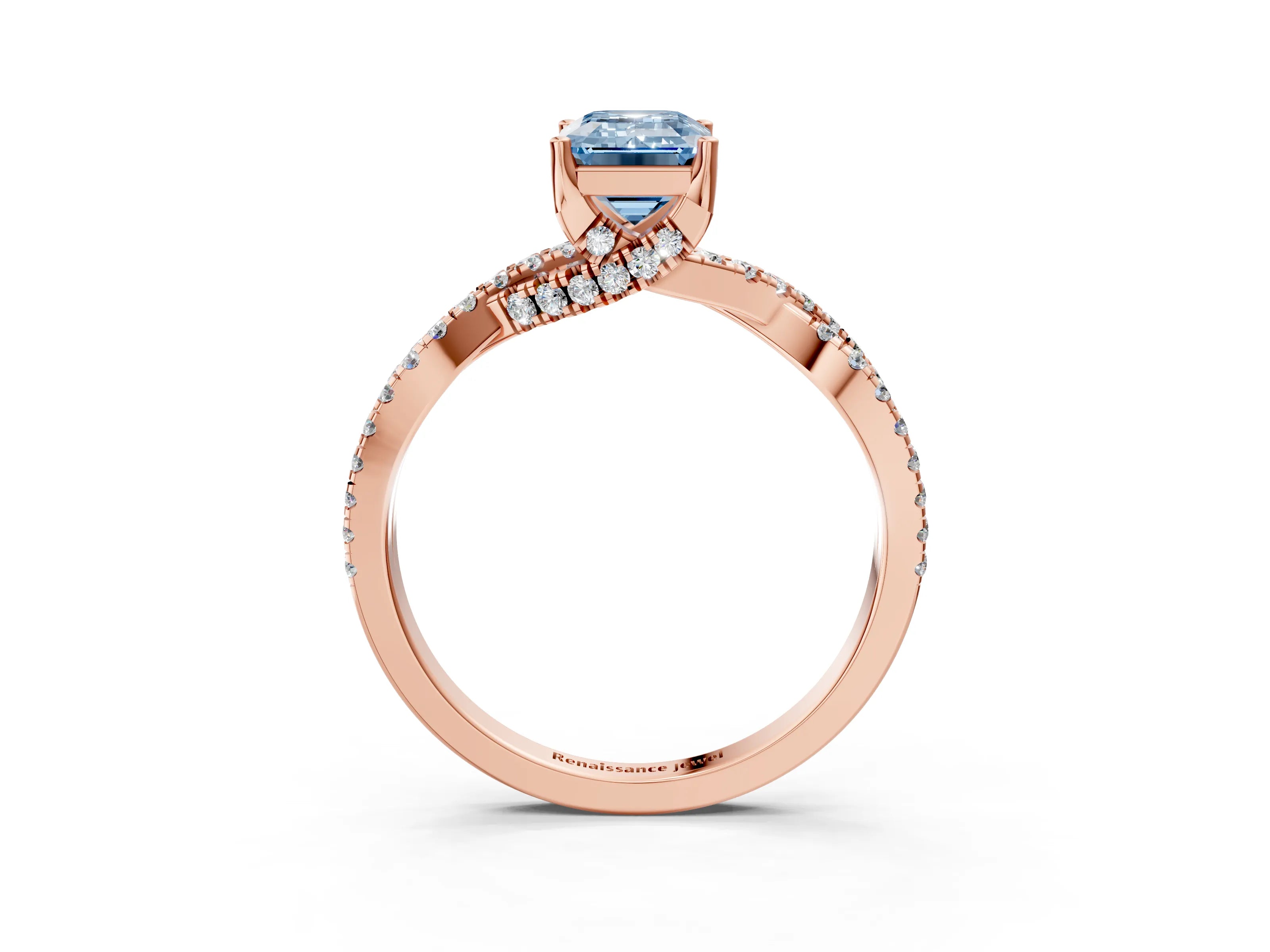 Rose gold Fancy Blue Emerald Cut Solitaire Twist Pave Diamond Engagement Ring with Prong Setting_3