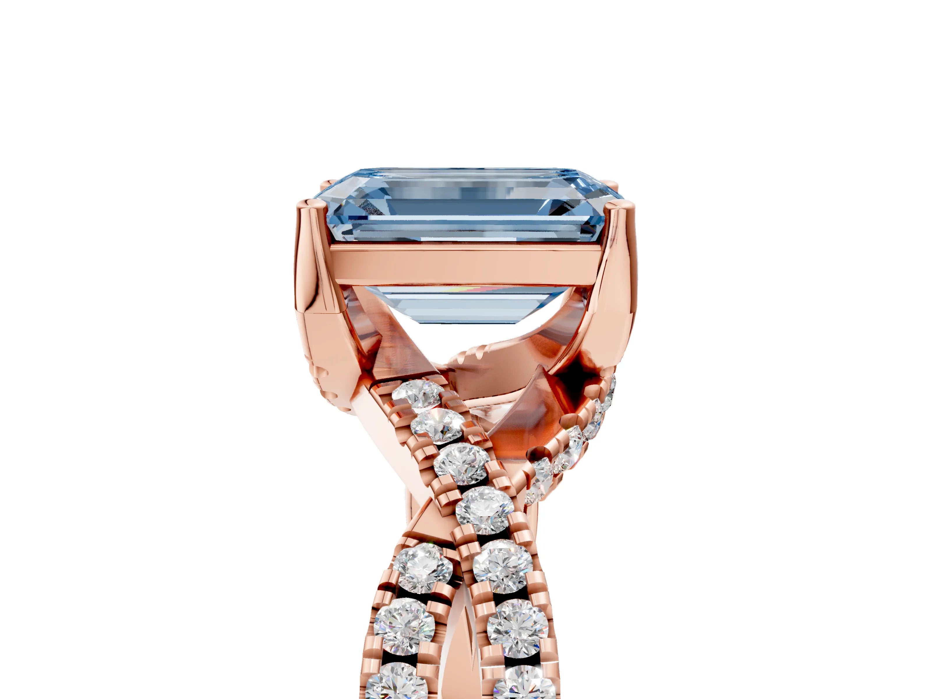 Rose gold Fancy Blue Emerald Cut Solitaire Twist Pave Diamond Engagement Ring with Prong Setting_5