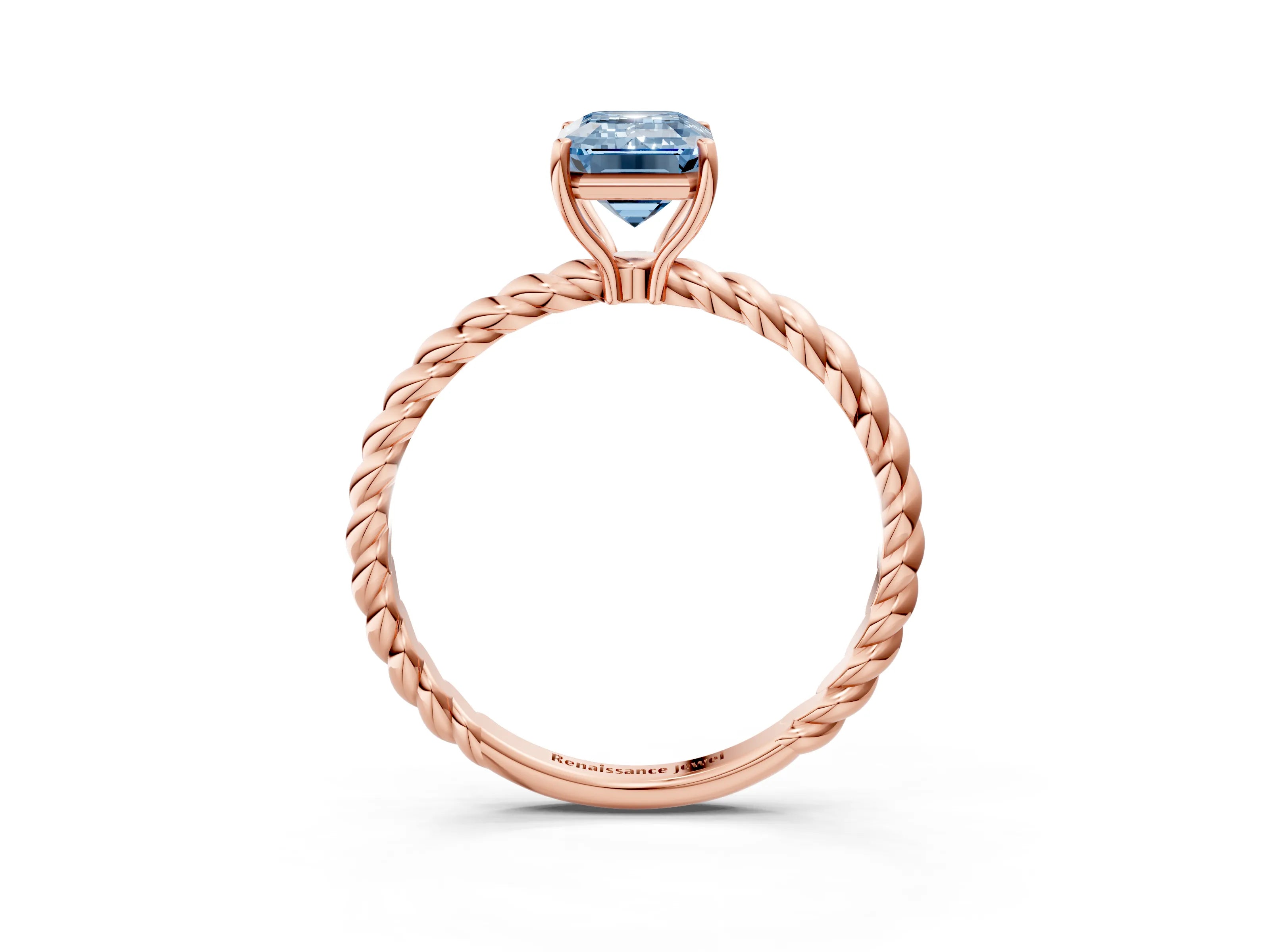 Rose gold Fancy Blue Emerald Cut Solitaire Twisted Band 4-Prong Ring_3