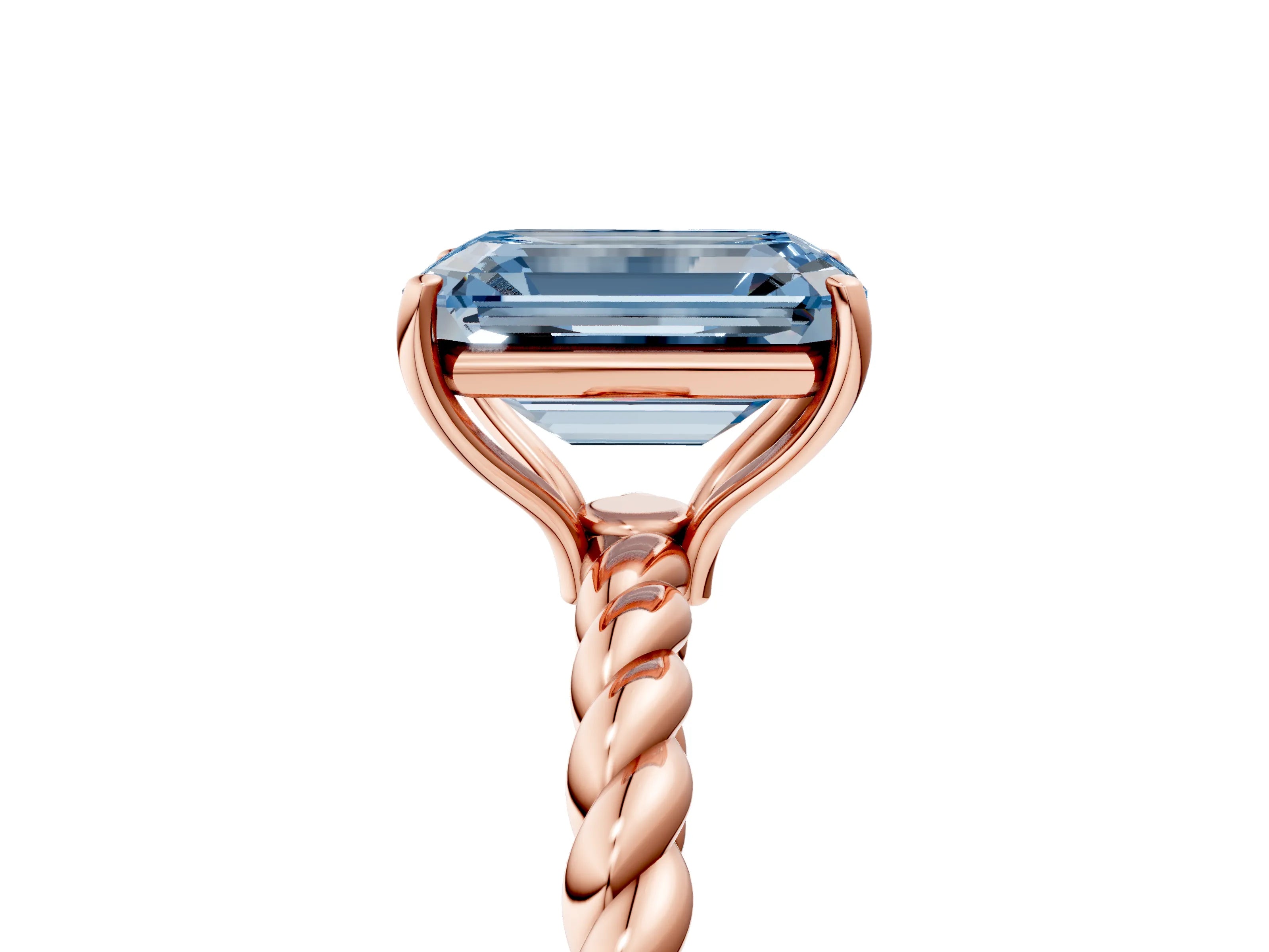 Rose gold Fancy Blue Emerald Cut Solitaire Twisted Band 4-Prong Ring_5