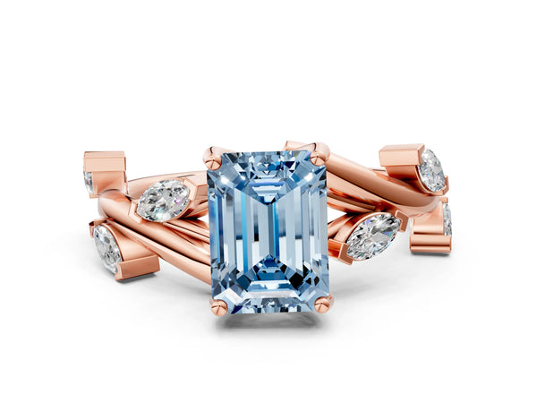Rose gold Fancy Blue Emerald Cut Solitaire Twisted Band Marquise Accent Prong Setting Ring