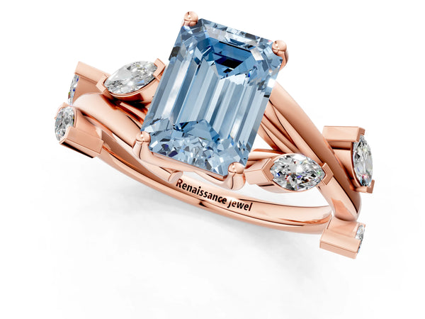 Rose gold Fancy Blue Emerald Cut Solitaire Twisted Band Marquise Accent Prong Setting Ring