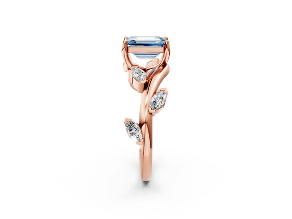 Rose gold Fancy Blue Emerald Cut Solitaire Twisted Band Marquise Accent Prong Setting Ring