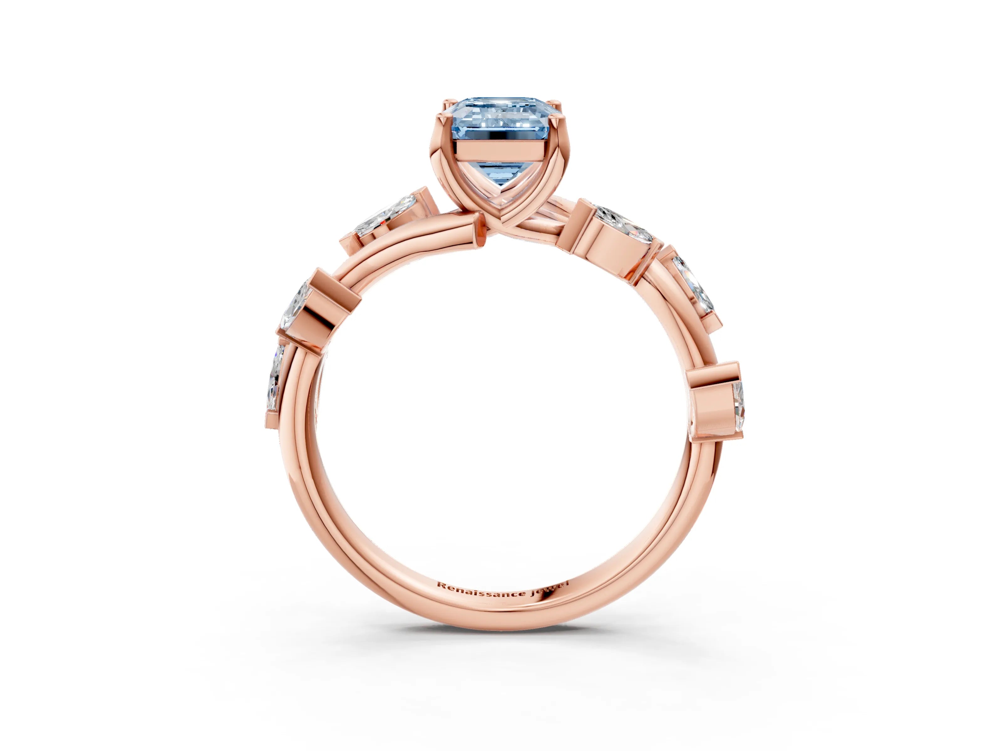 Rose gold Fancy Blue Emerald Cut Solitaire Twisted Band Marquise Accent Prong Setting Ring_3