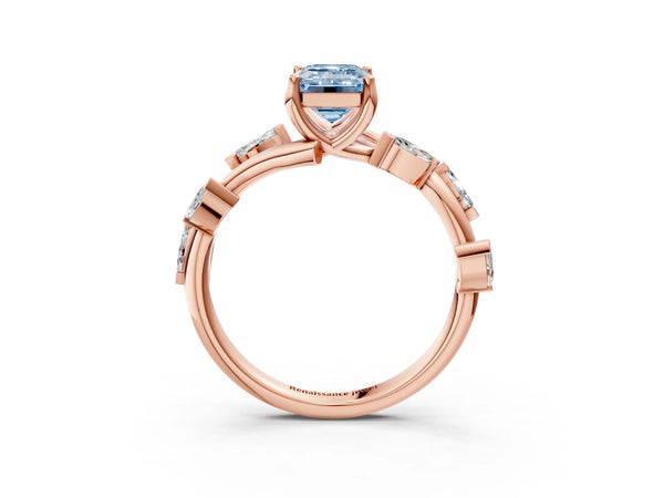 Rose gold Fancy Blue Emerald Cut Solitaire Twisted Band Marquise Accent Prong Setting Ring