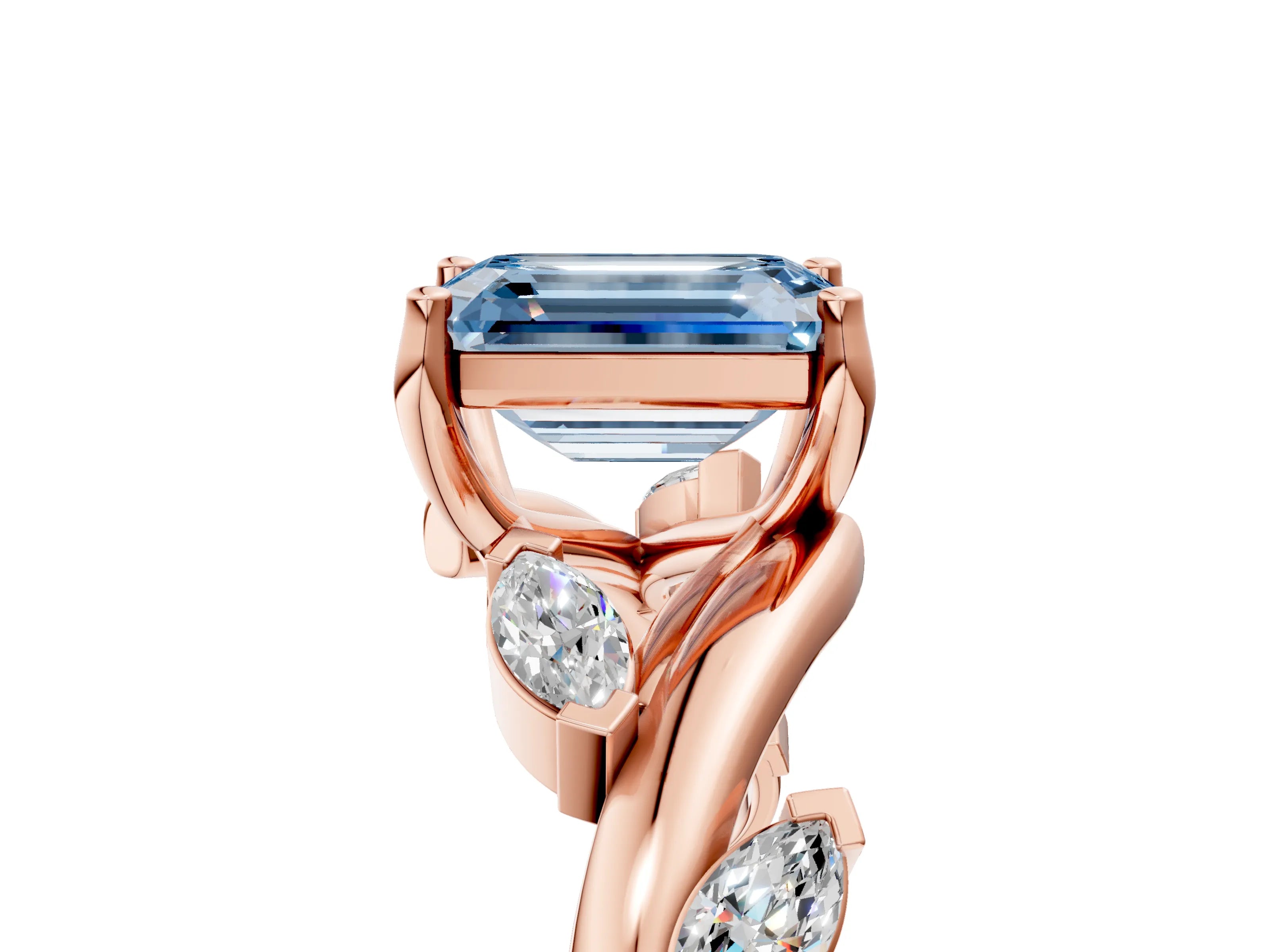Rose gold Fancy Blue Emerald Cut Solitaire Twisted Band Marquise Accent Prong Setting Ring_5