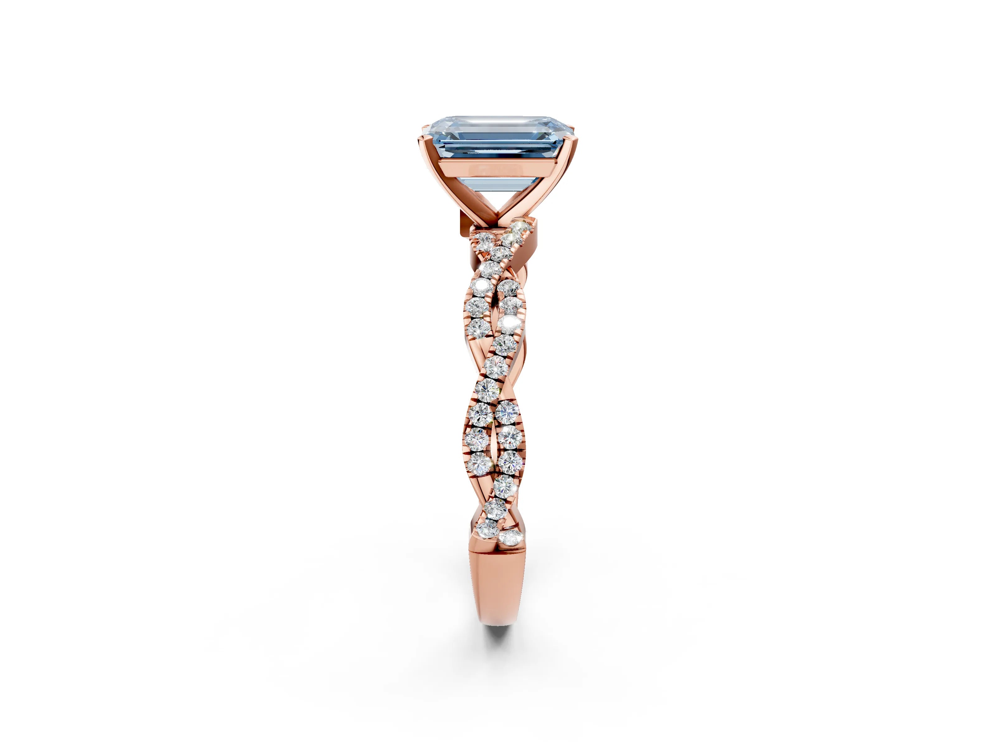 Rose gold Fancy Blue Emerald Cut Solitaire Twisted Pave Band with Four-Prong Setting_5