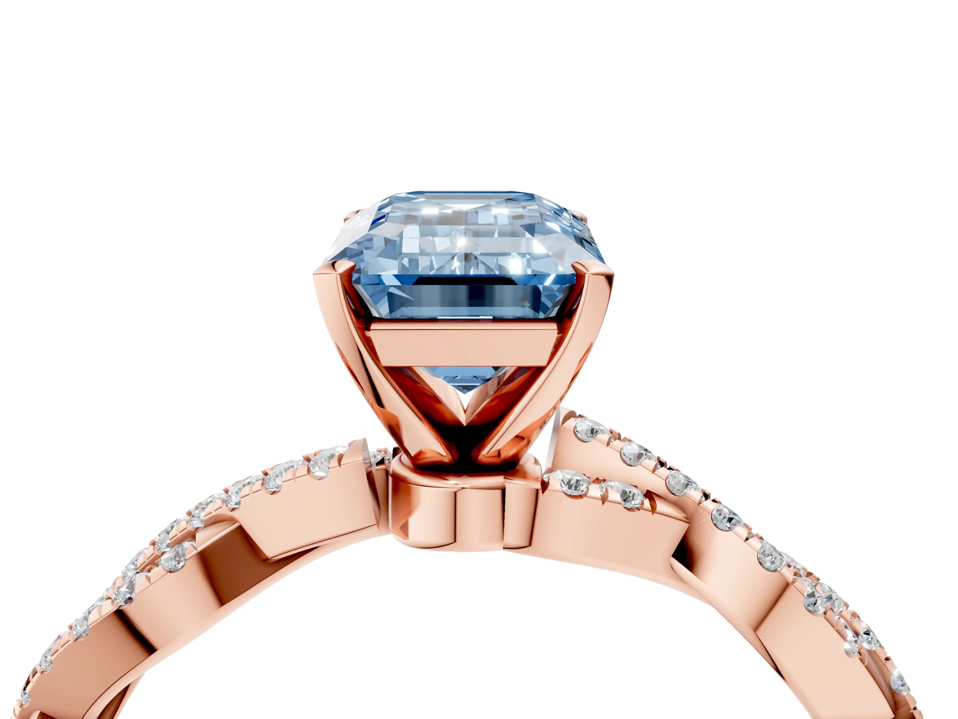 Rose gold Fancy Blue Emerald Cut Solitaire Twisted Pave Band with Four-Prong Setting_7