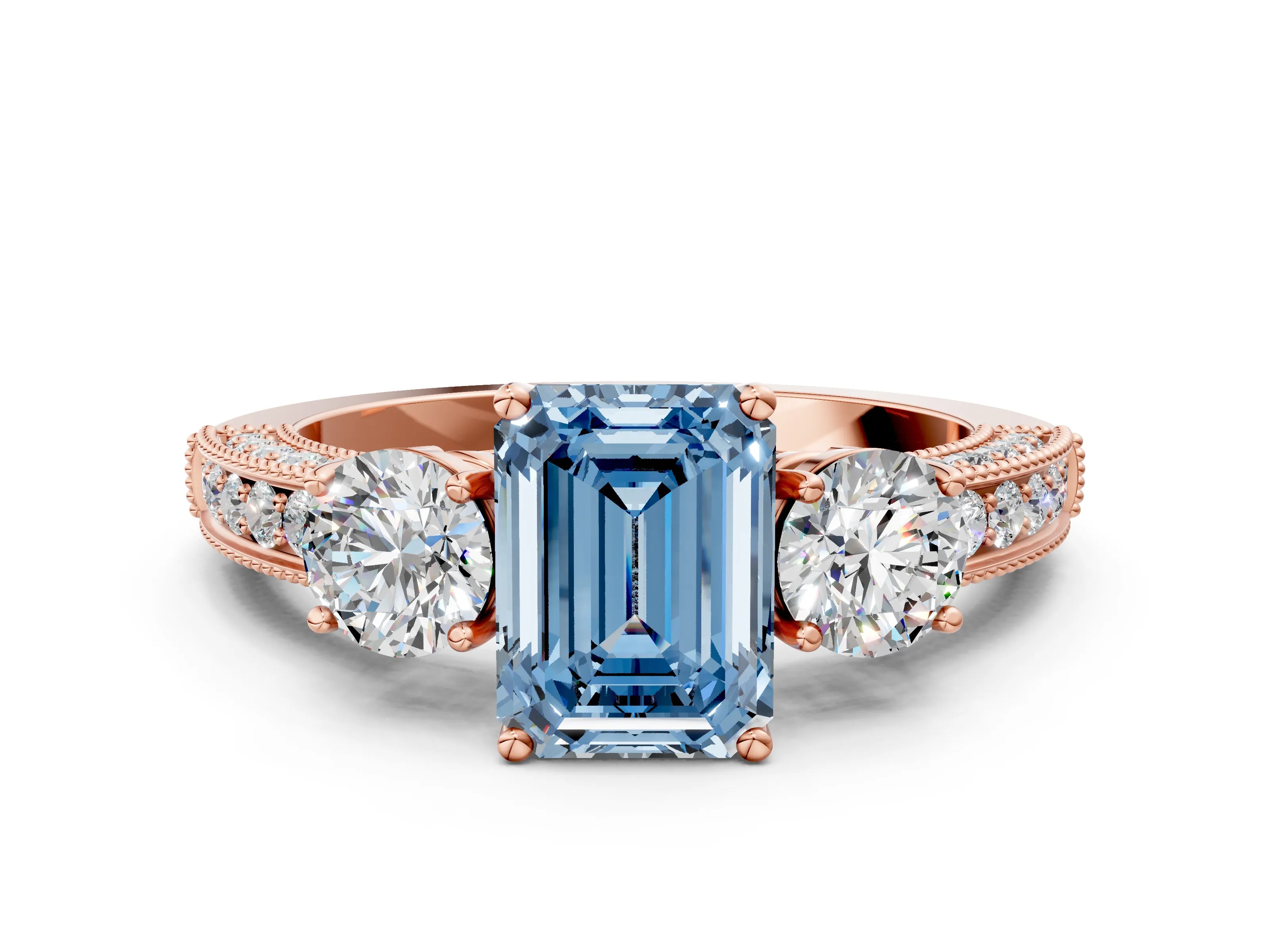 Rose gold Fancy Blue Emerald Cut Three-Stone Diamond Ring with Pavé Band and Four-Prong Setting