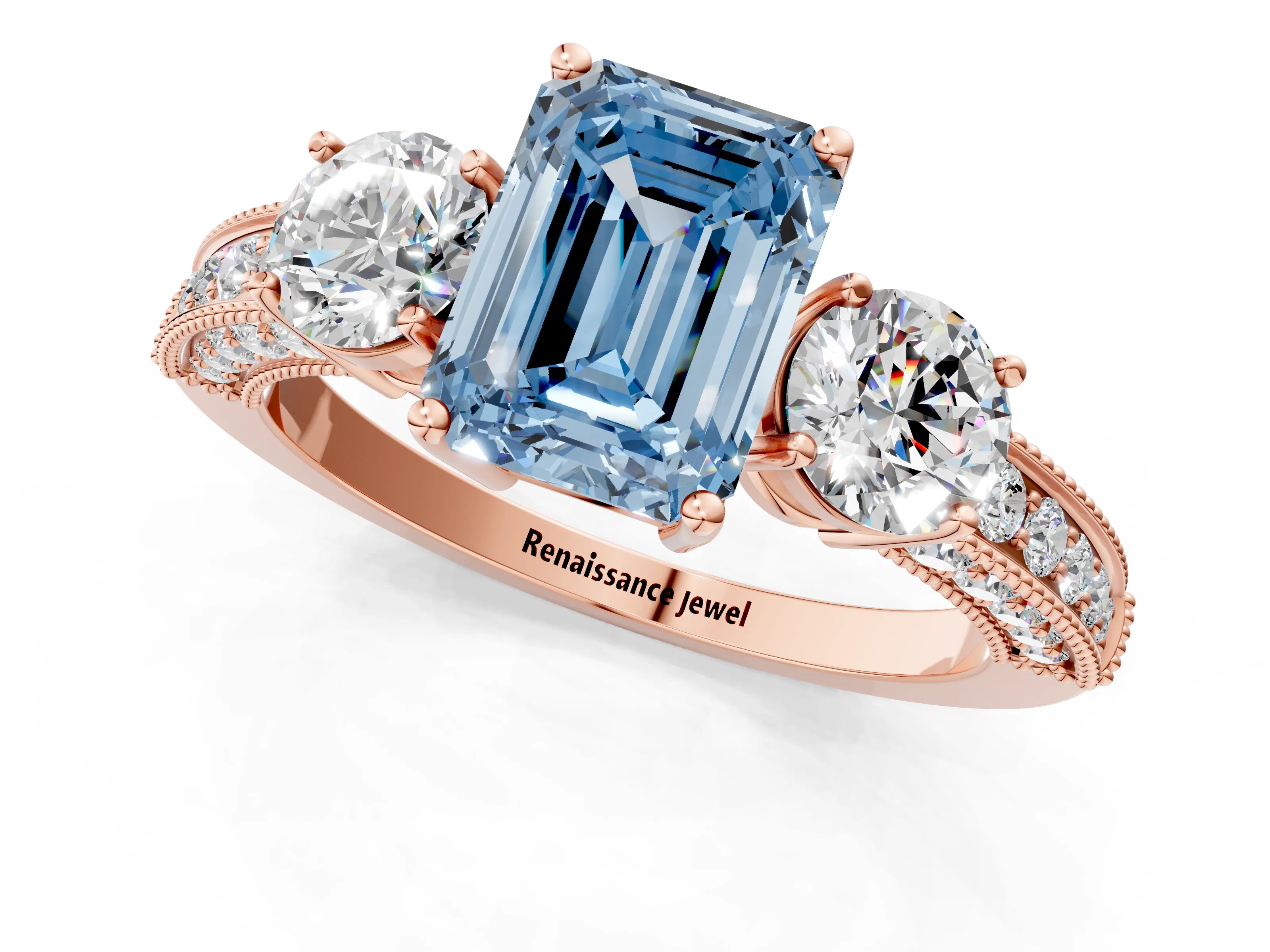 Rose gold Fancy Blue Emerald Cut Three-Stone Diamond Ring with Pavé Band and Four-Prong Setting_1