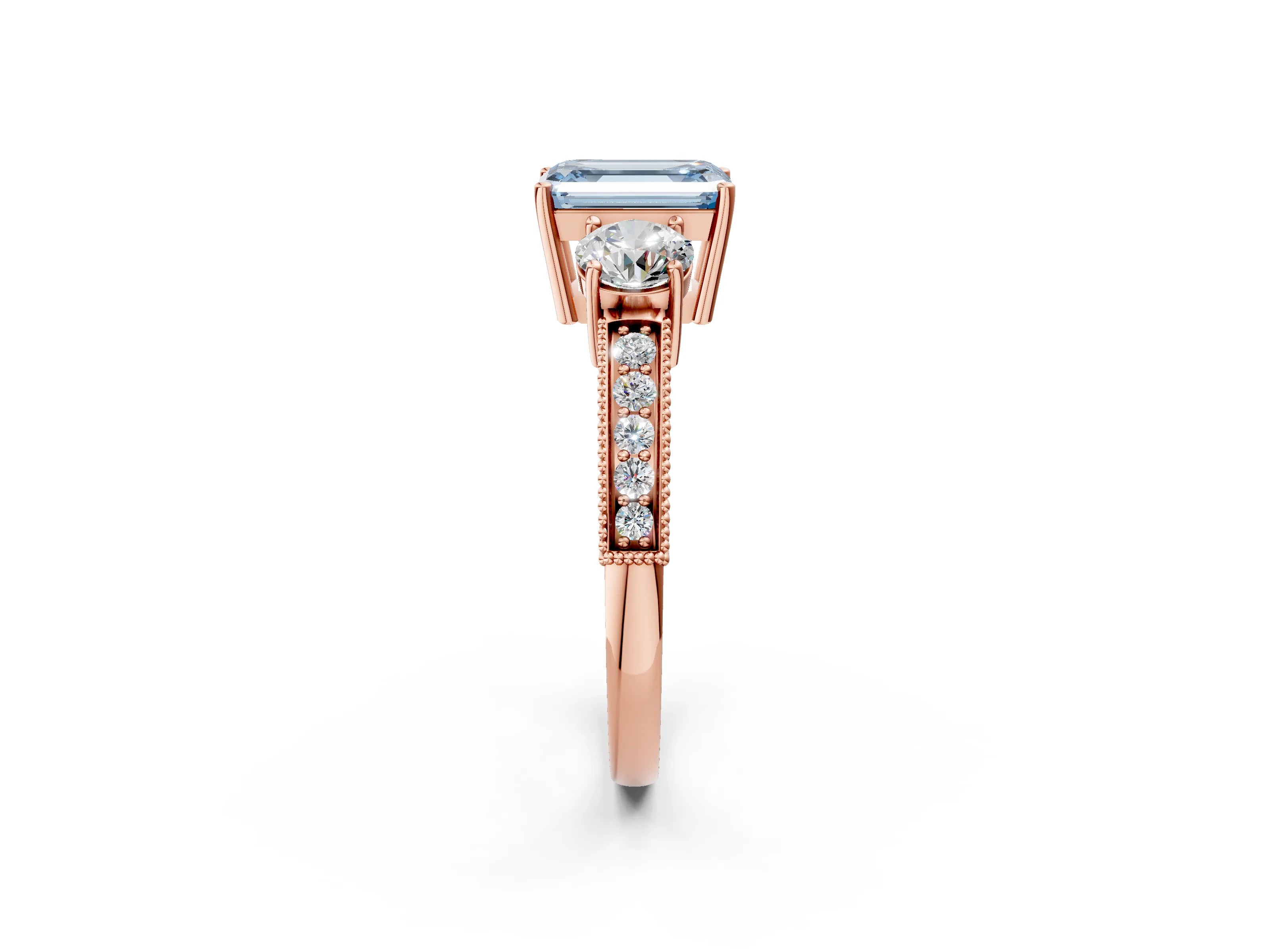 Rose gold Fancy Blue Emerald Cut Three-Stone Diamond Ring with Pavé Band and Four-Prong Setting_2