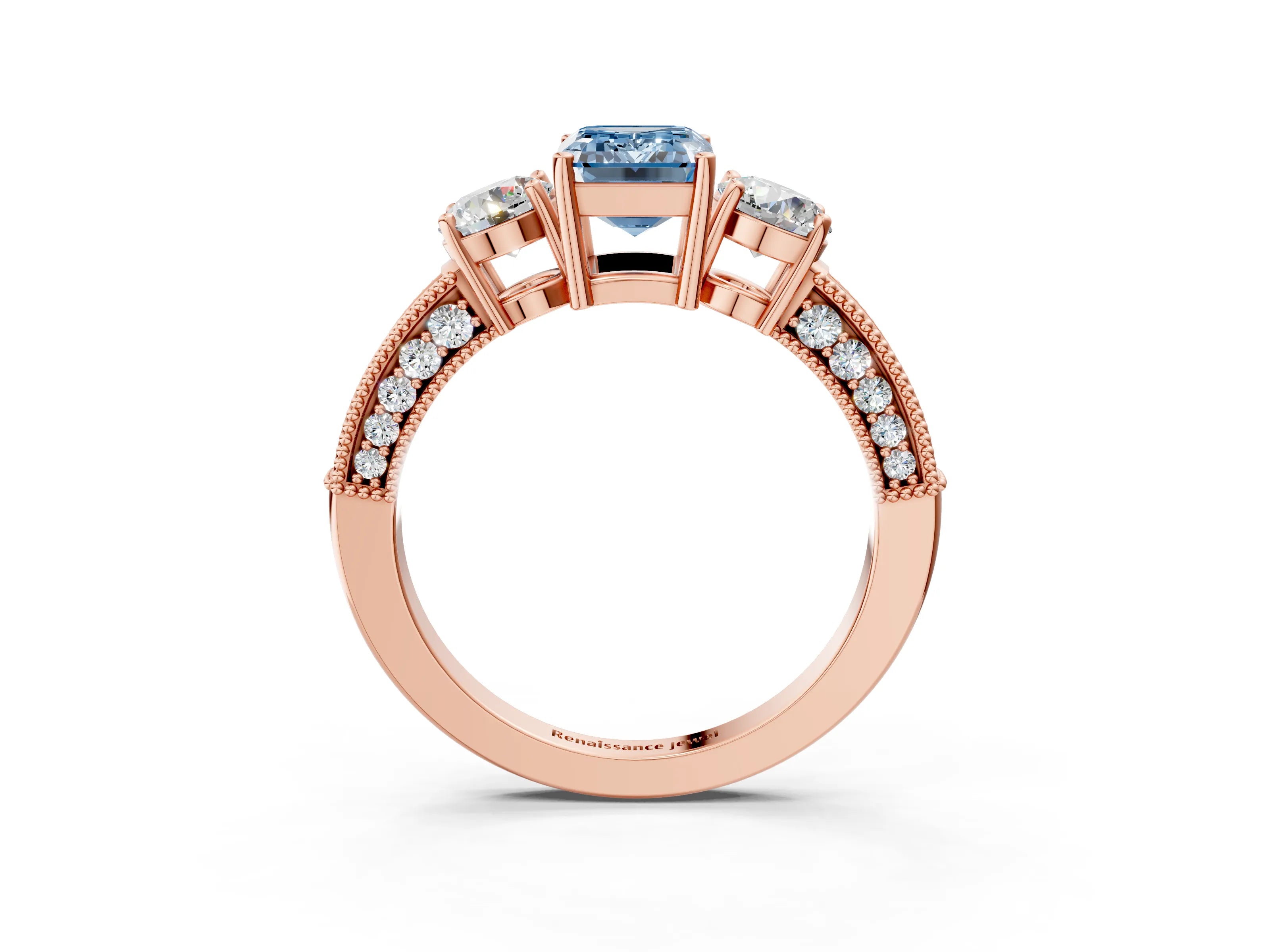 Rose gold Fancy Blue Emerald Cut Three-Stone Diamond Ring with Pavé Band and Four-Prong Setting_3