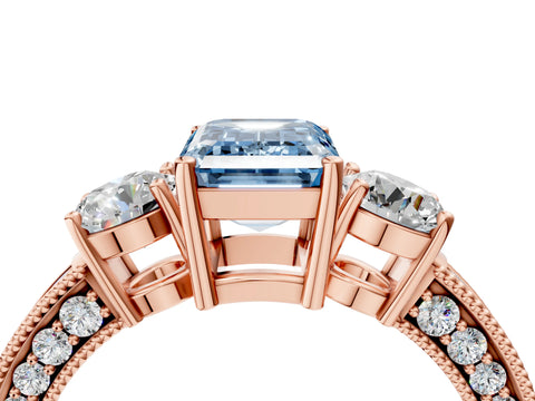 Rose gold Fancy Blue Emerald Cut Three-Stone Diamond Ring with Pavé Band and Four-Prong Setting_4